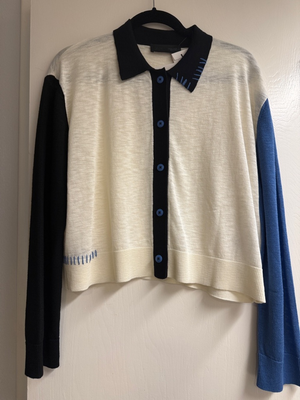 Zara Cream Colorblock Cardigan with Black Collar & Blue Sleeves